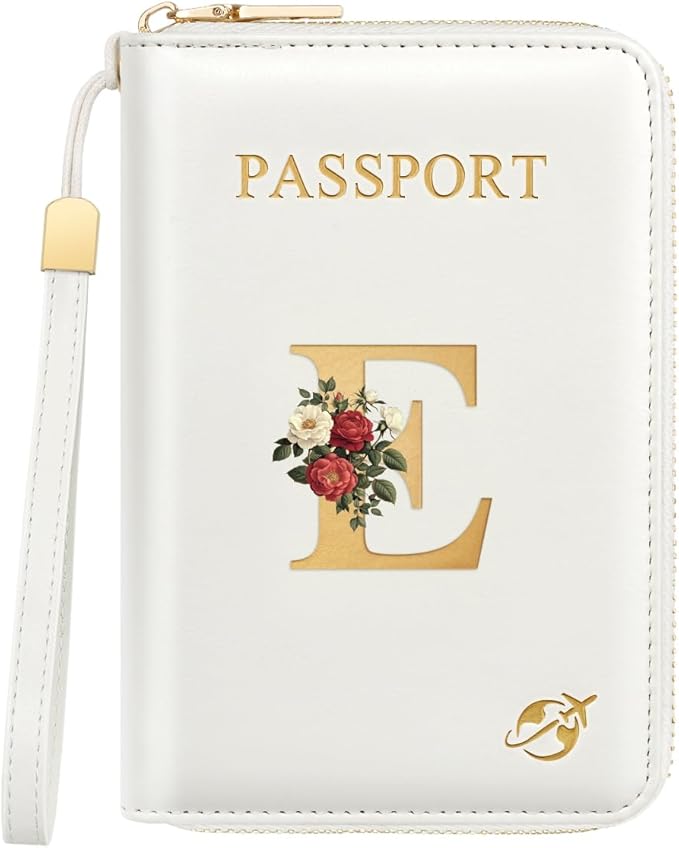 Passport Holder for Travel Personalized Passport Holder Initial Letter Rose Flower RFID Blocking Travel Wallets Credit Cards Holder for Women Men, White E