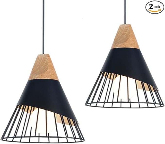 Pendant Lights Kitchen Black 2 Pack,Industrial Modern Lighting Hanging Lamps,Wood Dome Minimalist Industrial Ceiling Hanging Lights for Kitchen Island,Dining Room,Living Room,Bedroom,Hallway