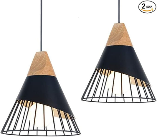 Pendant Lights Kitchen Black 2 Pack,Industrial Modern Lighting Hanging Lamps,Wood Dome Minimalist Industrial Ceiling Hanging Lights for Kitchen Island,Dining Room,Living Room,Bedroom,Hallway