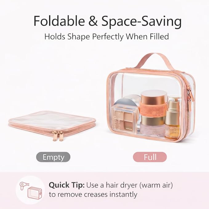 PACKISM Clear Makeup Bag Combo Pack, 1 TSA Approved Medium & Large for Checked Luggage, Clear Toiletry Bag with Handle, Water-resistant Travel Essentials Organizer, Rose Pink