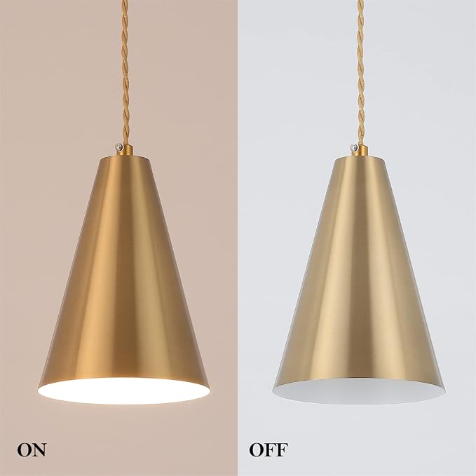 Gold Plug In Pendant Light,Hanging Lights With Plug In Cord On/Off Switch, Mini Brass Pendant Lights for Kitchen Island,Modern Chandeliers Light Fixture with Metal Shade,Hanging Lamps for Bedroom