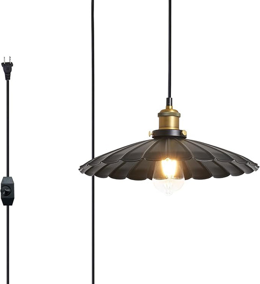 Vintage Scalloped Plug in Pendant Light, Black 13.8 Inch Farmhouse Hanging Lamp Plug in with On/Off Switch, Rustic Industrial Ceiling Light for Kitchen Island Dining Room Cafe