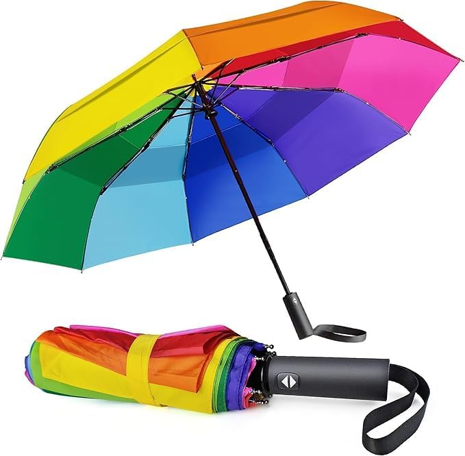 Rainbow Umbrella Automatic for Adults - Compact Folding Auto Open Close Double Canopy Vented Windproof Folding Travel Iridescent Umbrellas for Rain&Sun
