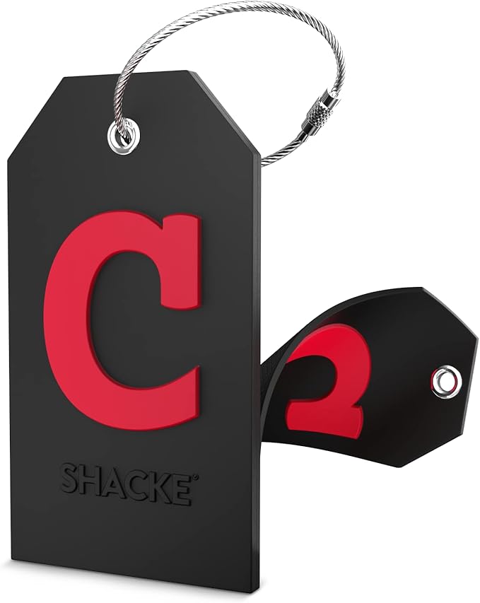 Shacke Large Luggage Tag Initial with Full Privacy Cover and Stainless Steel Loop - Black (Letter C)