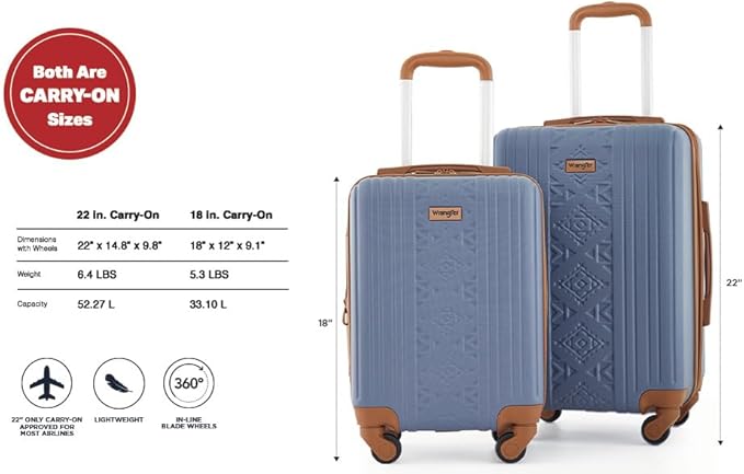 Wrangler 22" and 18" Heartland 2-Piece Carry-On Luggage Set, Vintage Indigo