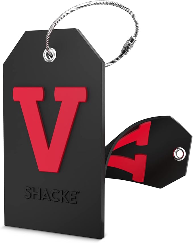 Shacke Initial Luggage Tag with Full Privacy Cover and Stainless Steel Loop - Black (Letter V)