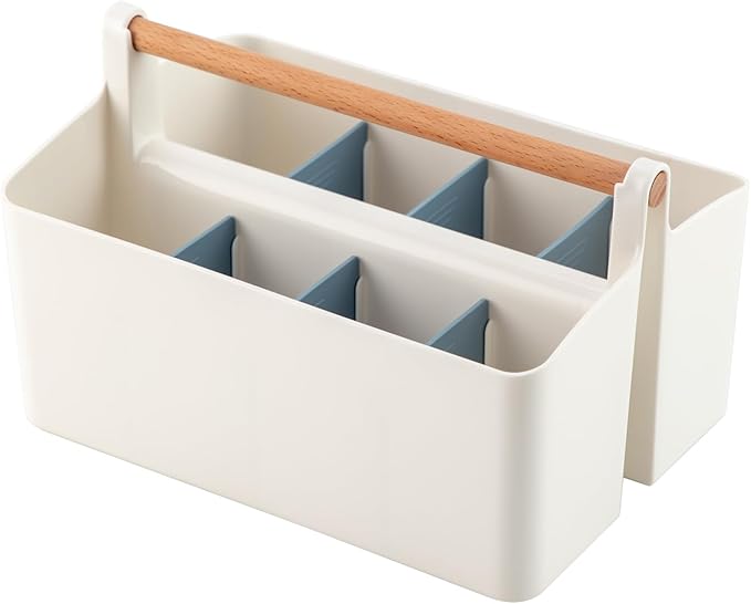 Vidifor Large Portable Basket with Handle, Plastic Craft Storage Organizer Caddy Tote with Adjustable Divided for Makeup Art Supplies, Sewing, Colored Pencils-Blue