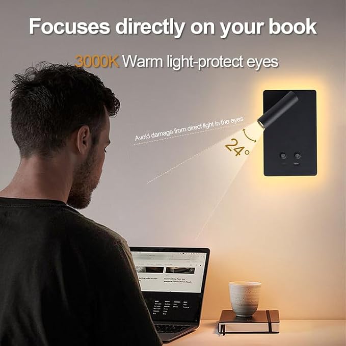 MOLUOLA LED Wall Lamp Wall Mounted Reading Lights, Adjustable Headboard Plug in Wall Sconce with USB C+A Ports, Headboard Bedside Lamp with 9W+3W Night Light 3000K (Black)
