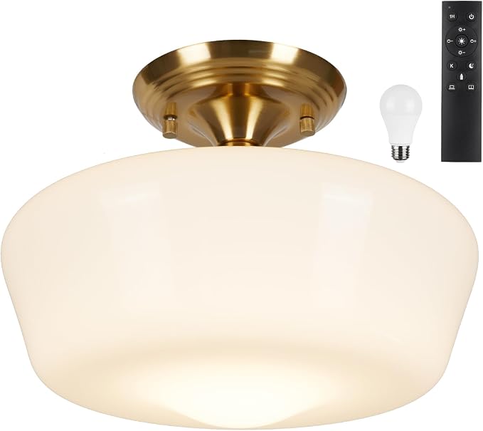 Schoolhouse Style Semi Flush Mount Ceiling Light with Dimmable Bulb Remote Control, 12" Modern Gold Hallway Ceiling Lamp with Opal Milk Glass Shade, Farmhouse Globe Light for Bedroom Kitchen Laundry