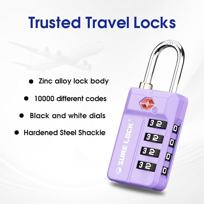 SURE LOCK TSA-Approved 4-Digit Resettable Combination Luggage Lock with Open Alert, Easy-Read Dials - for Luggage, School Lockers, Gym, Office, Toolbox & Security Cases (Purple 2 Pack)
