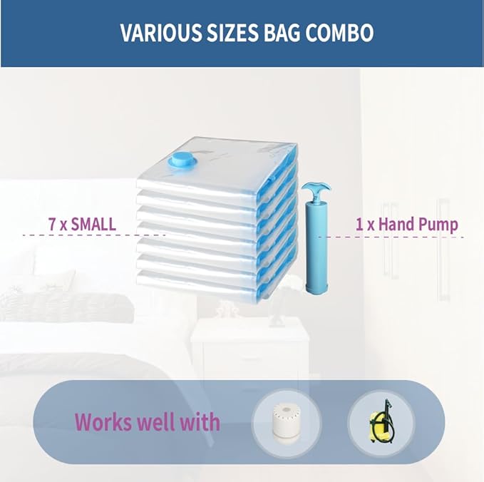 7 Pack Small Space Saver Vacuum Storage Bags for Clothing Travel, Vacuum Seal Compression Bags for Clothes, Packing, Luggage, Blankets, Comforters and Pillows, Hand Pump Included