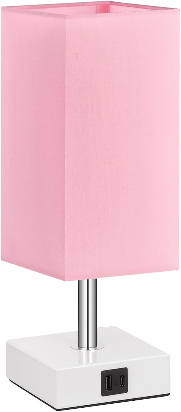 Touch Control Table Lamp with 2 USB Charging Ports, 3 Way Touch Lamps Beside Desk, Nightstand Lamp for Bedrooms Living Room, Pink Shade with White Base, LED Bulb Included(Pink) | 3-Way Dimmable, 3000K LED Bulb Included, Square Pink Shade White Base, Cu...