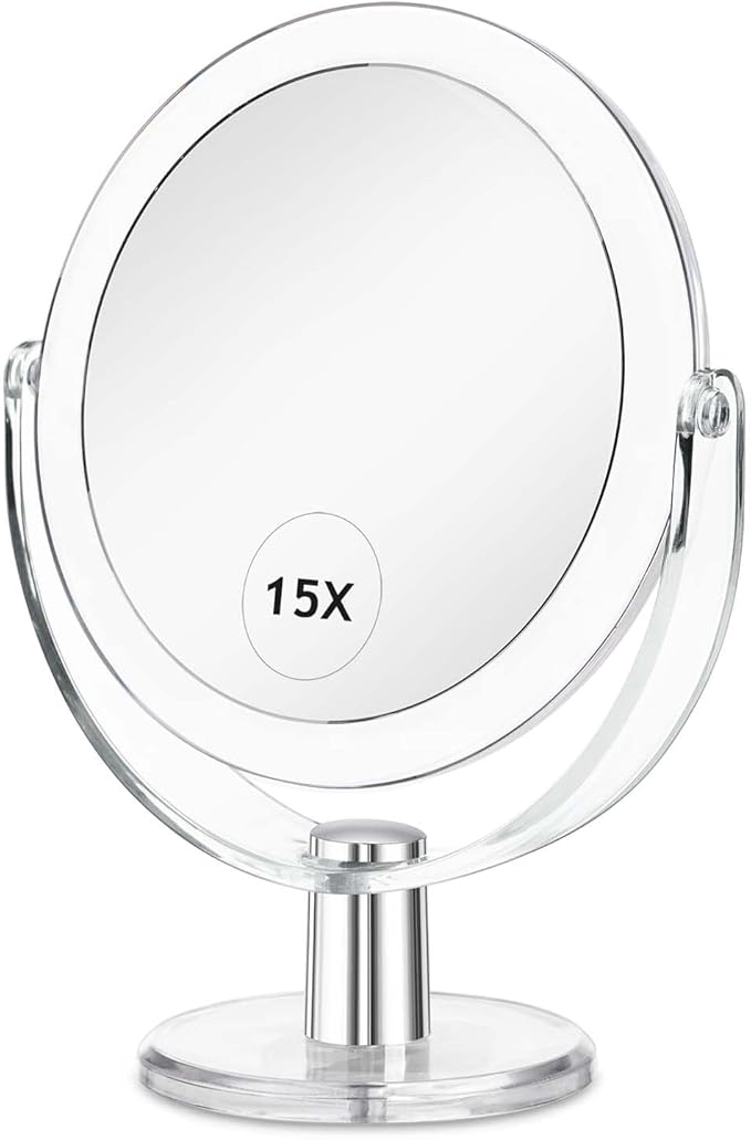 CLSEVXY Vanity Makeup Mirror with Stand, 1X/15X Magnification Double Sided 360 Degree Swivel, Portable Table Desk Counter top Magnifying Mirror, Tabletop Mirror for Bedroom or Dorm Room, 6.25 Inch