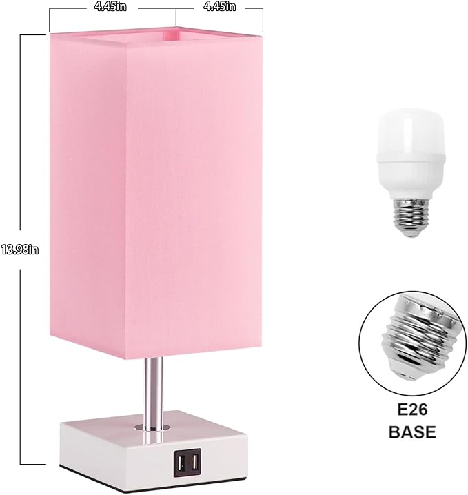 Touch Control Table Lamp with 2 USB Charging Ports, 3 Way Touch Lamps Beside Desk, Nightstand Lamp for Bedrooms Living Room, Pink Shade with White Base, LED Bulb Included(Pink) | 3-Way Dimmable, 3000K LED Bulb Included, Square Pink Shade White Base, Cu...