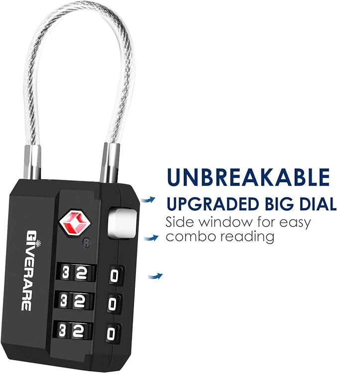 2 Pack TSA Approved Travel Luggage Locks, Cable Combination Lock 3-Digit, Keyless Suitcase Padlocks, Weatherproof Padlock for Locker, Golf Bag, Gun Case, Backpack, Anti Theft, Easy Read Dials-Black