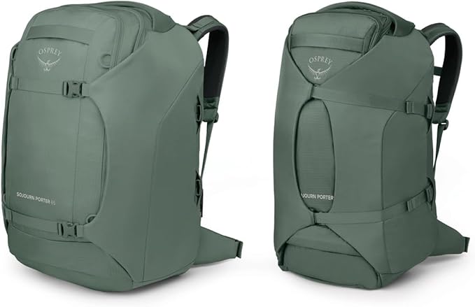 Osprey Sojourn Porter 65L Travel Backpack - Carry-On Compliant Luggage with StraightJacket Compression and Padded Laptop Sleeve - Durable Pack for International or Urban Travel, Koseret Green