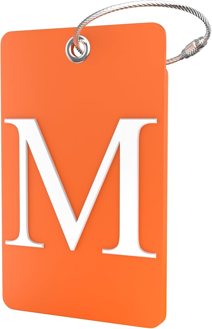 Shacke Luggage Tag Initial – Fully Bendable Tag w/Stainless Steel Loop (Orange) (Letter M)