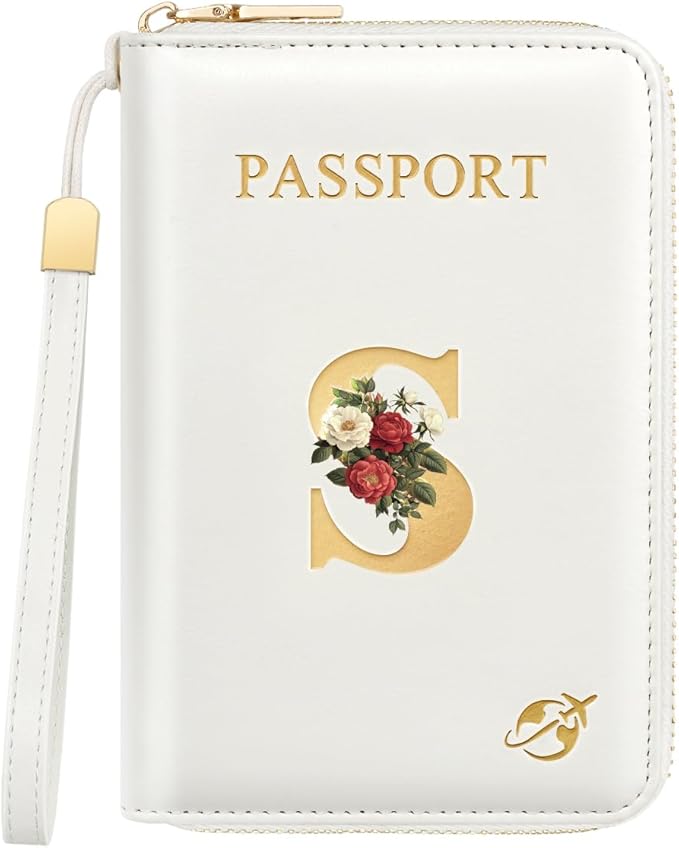 Passport Holder for Travel Personalized Passport Holder Initial Letter Rose Flower RFID Blocking Travel Wallets Credit Cards Holder for Women Men, White S