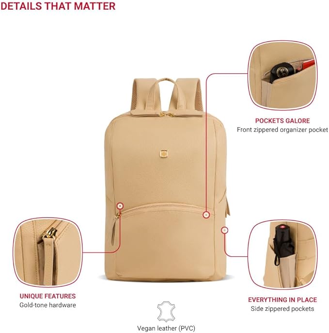 SwissGear Serenity Luxe Women's Laptop Backpack, Laptop Bag Fits Most 13-Inch Laptops, Taupe, 16 Inches