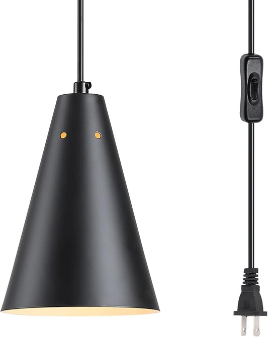 Black Plug In Pendant Light,Hanging Lights With Plug In Cord On/Off Switch, Mini Pendant Lights for Kitchen Island,Modern Farmhouse Pendant Light Fixture with Metal Shade,Hanging Lamps for Bedroom