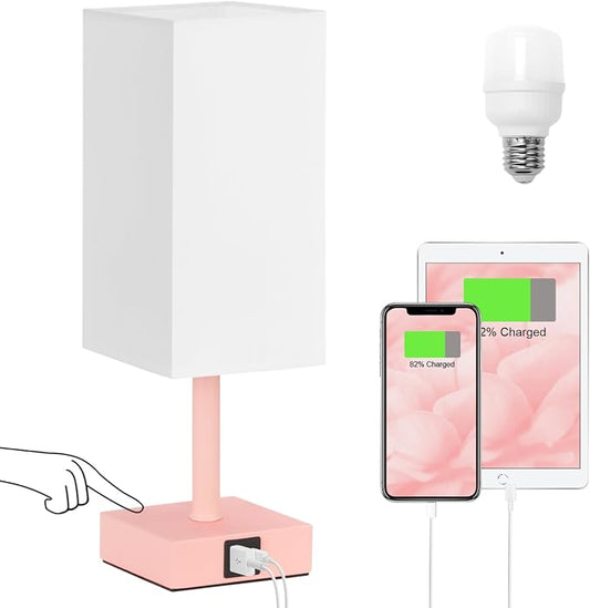Touch Table Lamp for Bedroom - Dimmable, USB C+A, White Lamphade Pink Base | 3-Way Dimmable, 3000K LED Bulb Included, Square Lampshade, Cute Room Decor for Teen Girls, Kids, Small Lamp for Dorm, Nursery