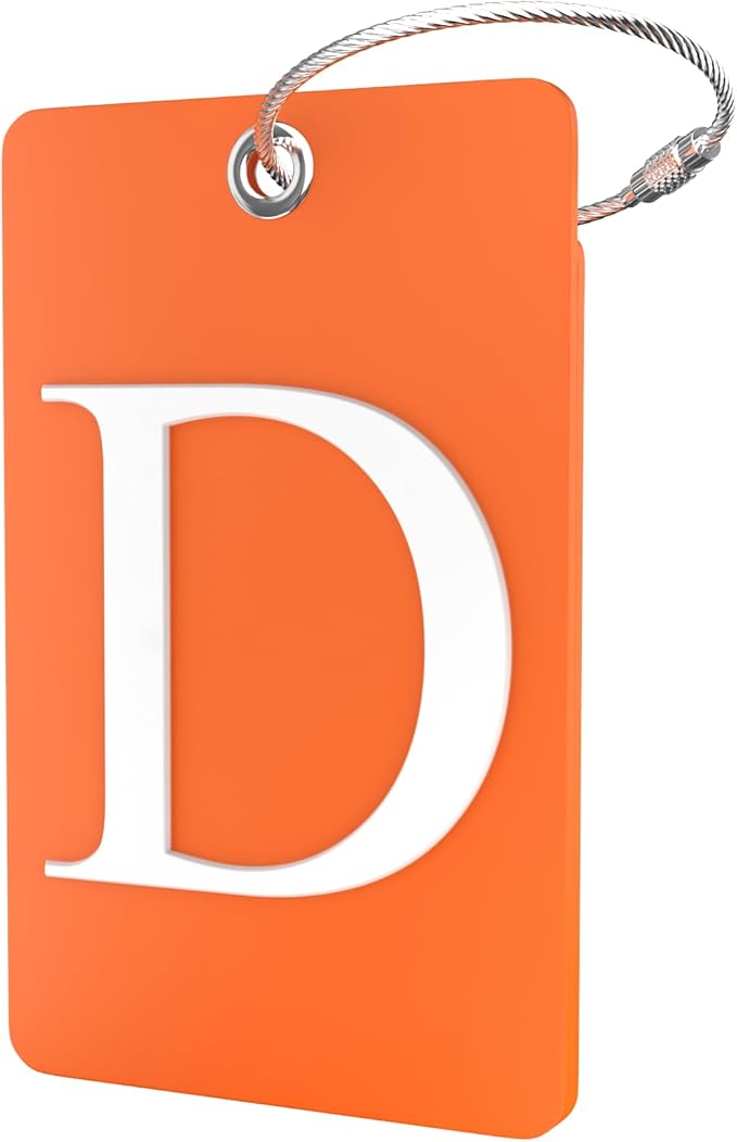 Shacke Luggage Tag Initial – Fully Bendable Tag w/Stainless Steel Loop - Orange (Letter D)