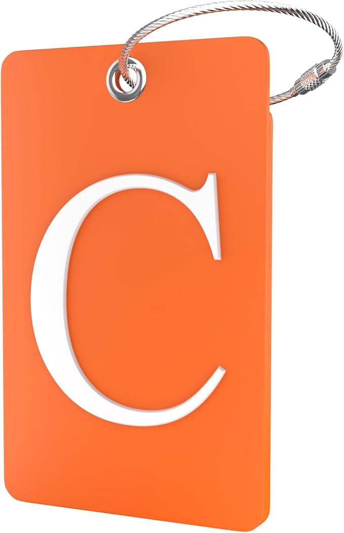 Shacke Luggage Tag Initial – Fully Bendable Tag w/Stainless Steel Loop - Orange (Letter C)