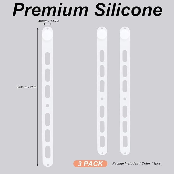 3-Pack Reusable Silicone Latch Strap, Secures Slow Cooker Lid, Pot, Bento Box, 21in Durable Elastic Self-Lock Tie for Organizing&Bundling Cords, Curtain, Yoga Mat (White&White&White)