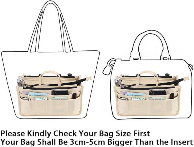 BTSKY Printing Handbag Organizers Inside Purse Insert - High Capacity 13 Pockets Bag Tote Organizer with Handle Beige