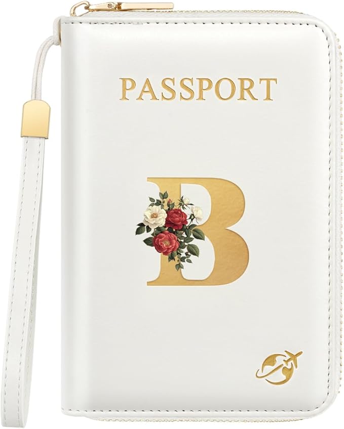 Passport Holder for Travel Personalized Passport Holder Initial Letter Rose Flower RFID Blocking Travel Wallets Credit Cards Holder for Women Men, White B