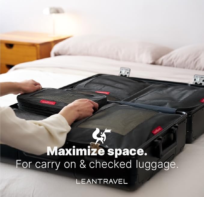 LeanTravel Premium Compression Packing Cubes for Travel - Suitcase Organizer Bags with Double Zipper & Breathable Mesh Panel - Space Saving Carry On Luggage Essentials (6-Pack Black)