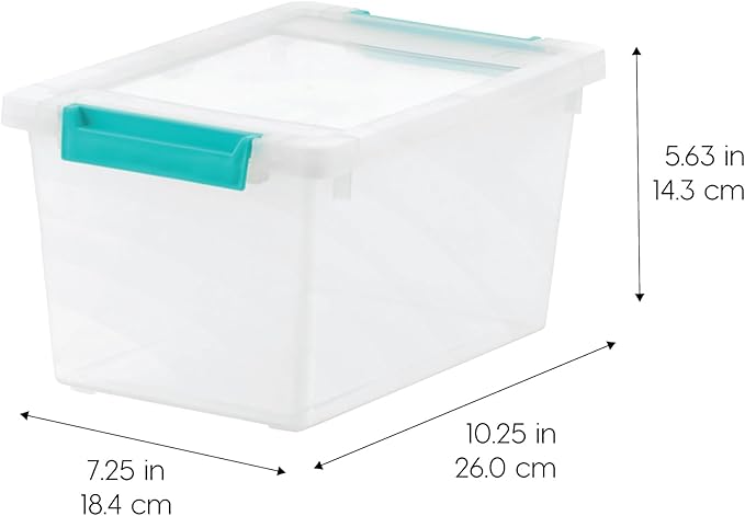 IRIS USA 4 Qt. Craft Storage Bins with Lids, 6-Pack, |Made in USA|, Clip Box, Small Plastic Sensory Bin Tote Organizer Containers for Art Supplies, Paper, & Office, Stackable - Clear/Seafoam Blue