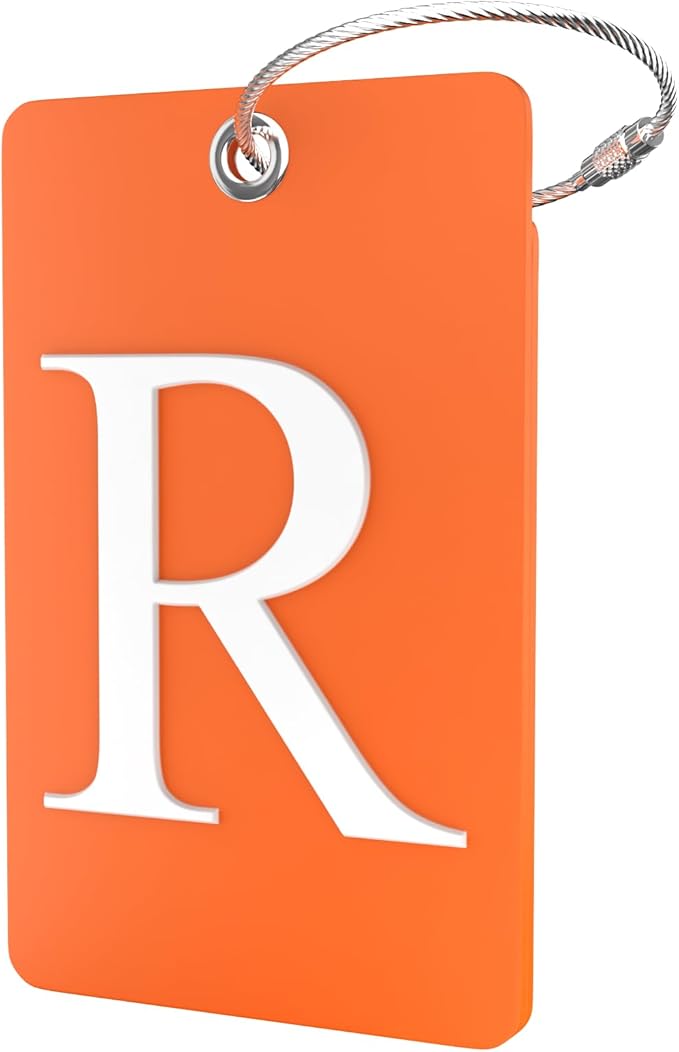 Shacke Luggage Tag Initial – Fully Bendable Tag w/Stainless Steel Loop - Orange (Letter R)