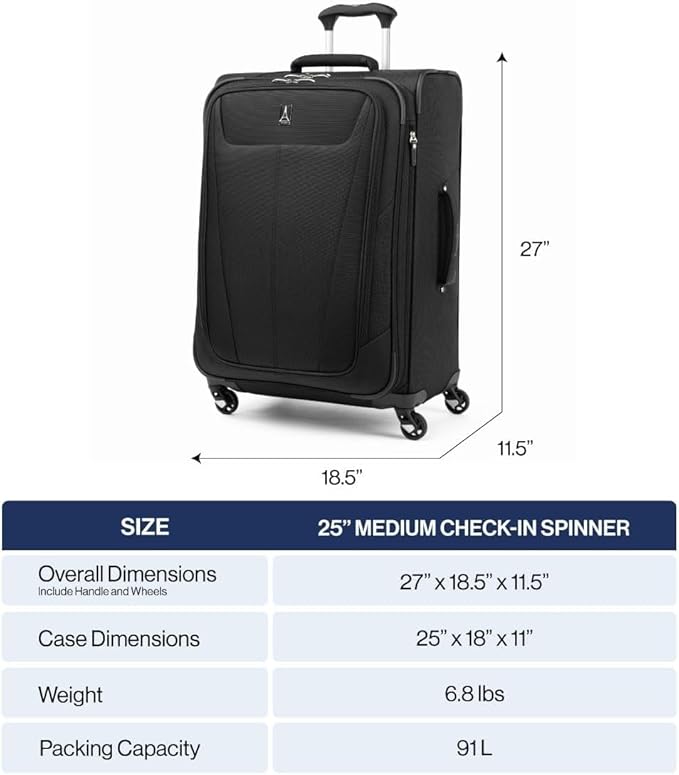 Travelpro Maxlite 5 Softside Expandable Luggage with 4 Spinner Wheels, Lightweight Suitcase, Men and Women, Black, Checked-Medium 25-Inch