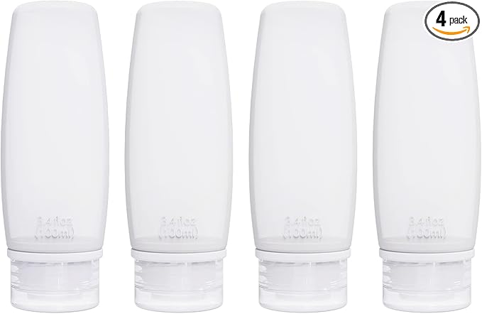 Silicone Travel Bottles for Toiletries TSA Approved Travel Size Containers Set 4 Pack Portable Leak Proof Refillable Cosmetic Squeeze Bottles Shampoo Hair Conditioner Body Lotion Bath Shower Gel