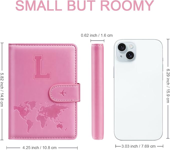 Passport Holder Cover Initail Letter A-Z Travel Wallet Embossed Design RFID Blocking Card Holder Personalized Gift Passport Cover Wallet, Passport Book Holders for Women and Girls, Pink-L