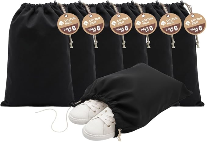 LFH Cotton Rich Shoe Storage Bags with Drawstring, Dustproof Breathable Reusable Organizer, Perfect For Travel, Dorm, Hotel, College, Gym, Machine Washable 12"x17" (Pack of 6) - Black sand