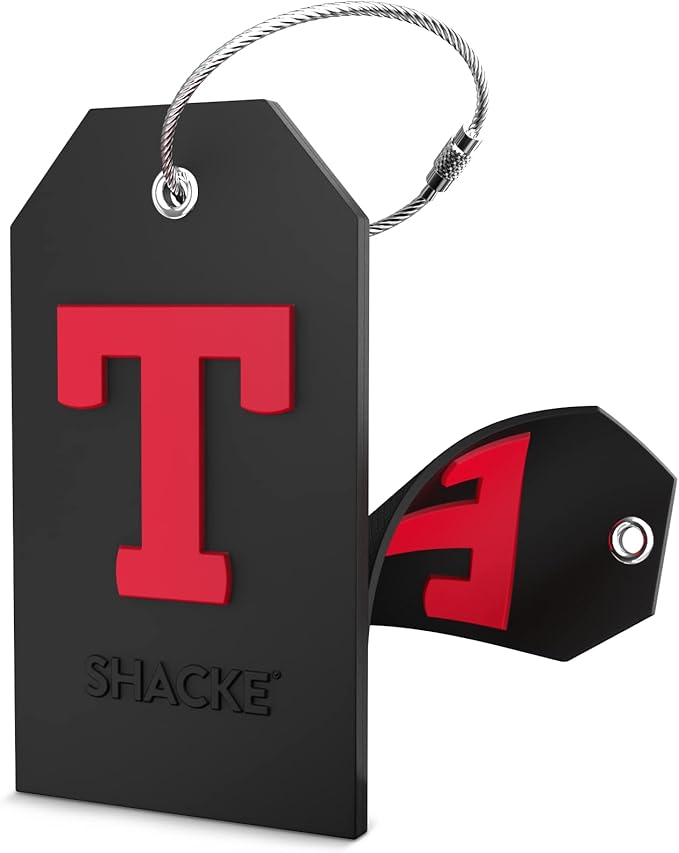 Shacke Initial Luggage Tag with Full Privacy Cover and Stainless Steel Loop - Black (Letter T)