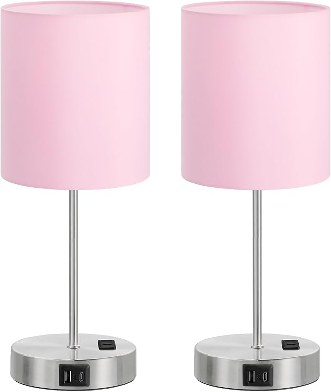 17.6" Pink Touch Lamps for Bedroom Set of 2 - Dimmable, USB C+A, AC Outlet | Large 17.6" Tall Lamp, 3-Way Dimming, 5000K Daylight Bulbs, Pink Lampshade Silver Base, Decor for Living Room, Boys, Girls