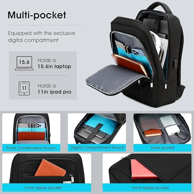 DUSLANG 15.6 Inch Laptop Backpack for Travel Water Resistant College Backpack for Men Women Laptop Bag with USB Charging Port Business Backpack,Black