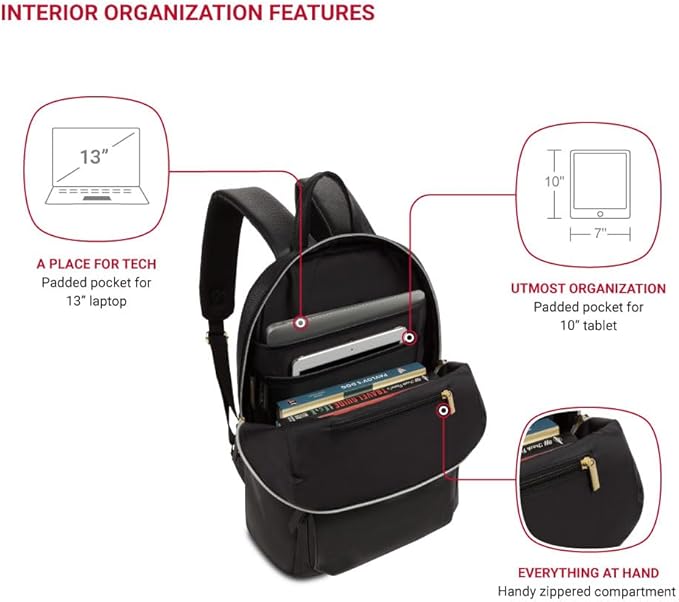 SwissGear Serenity Luxe Women's Laptop Backpack, Laptop Bag Fits Most 13-Inch Laptops, Black, 16 Inches