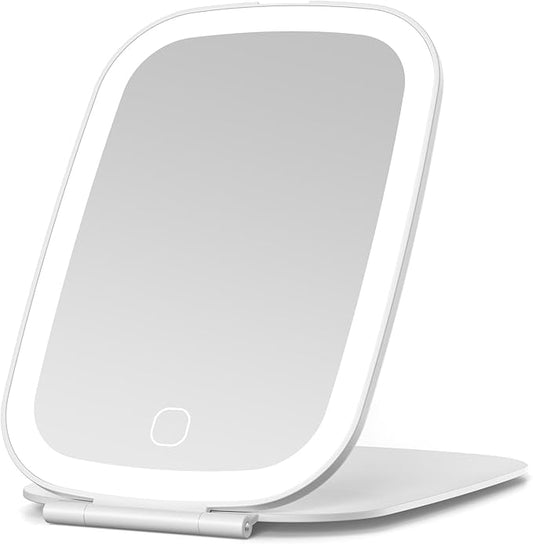 NEZZOE Travel Mirror with LED Light, Rechargeable Portable Lighted Makeup Mirror, 3 Lighting Modes Dimmable Touch Control, Foldable Compact Vanity Mirror for Travel Tabletop, 7x5 Inch