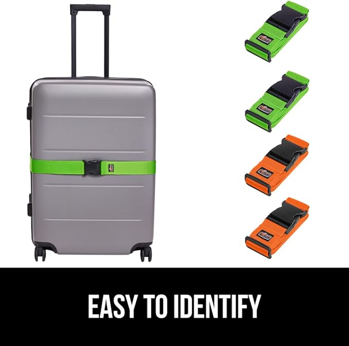 GORILLA GRIP Heavy Duty 4 Pack Adjustable Luggage Straps for Suitcases, Easy to Identify Travel Belt Connector Holds Suitcase Together, Extends Life of Bag, Strap Connects Two Bags, Green and Orange