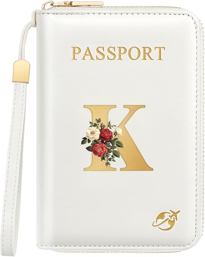 Passport Holder for Travel Personalized Passport Holder Initial Letter Rose Flower RFID Blocking Travel Wallets Credit Cards Holder for Women Men, White K