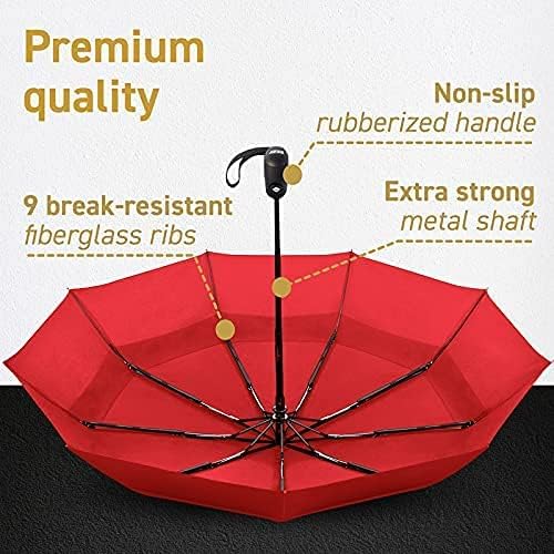 Windproof Compact Umbrella for Rain - 42” Travel Umbrella, Portable, Strong, Collapsible to 11”, Automatic Open Close Button, Vented Double Canopy with Fiberglass/Steel Frame, Wind Resistance to 55MPH