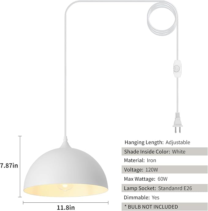 White Plug in Pendant Light,2 Pack 11.8inch Hanging Lights with Plug in Cord 14.7 ft, Hanging Pendant Light,Hanging Lamp Plug in for Bedroom Living Room Kitchen Island