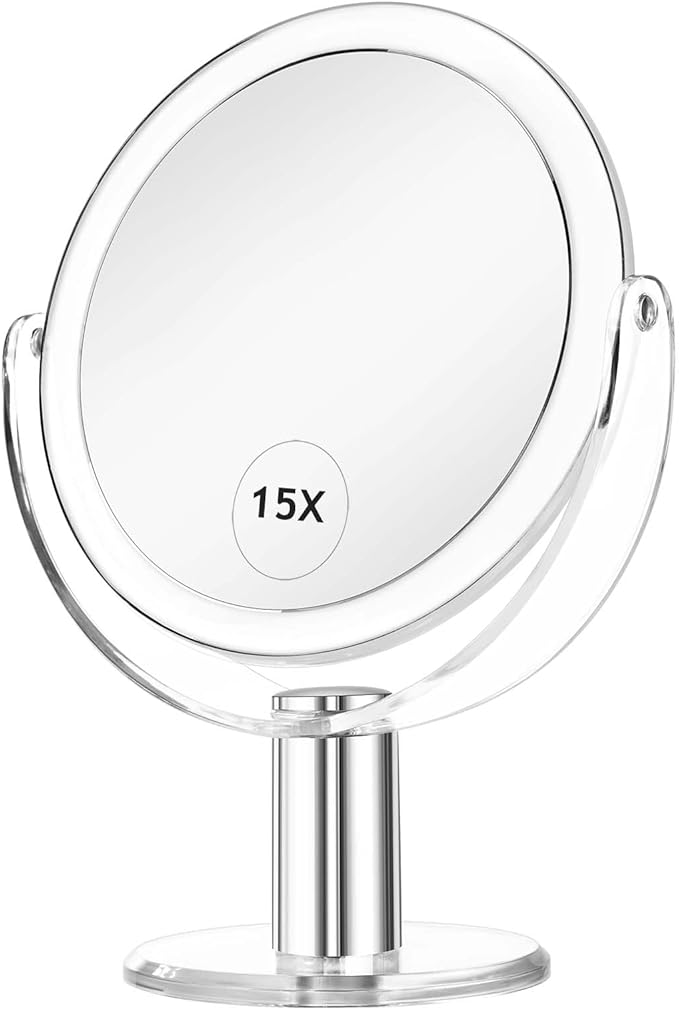 CLSEVXY Vanity Mirror Makeup Mirror with Stand, 1X/15X Magnification Double Sided 360 Degree Swivel Magnifying Mirror, 7.4 Inch
