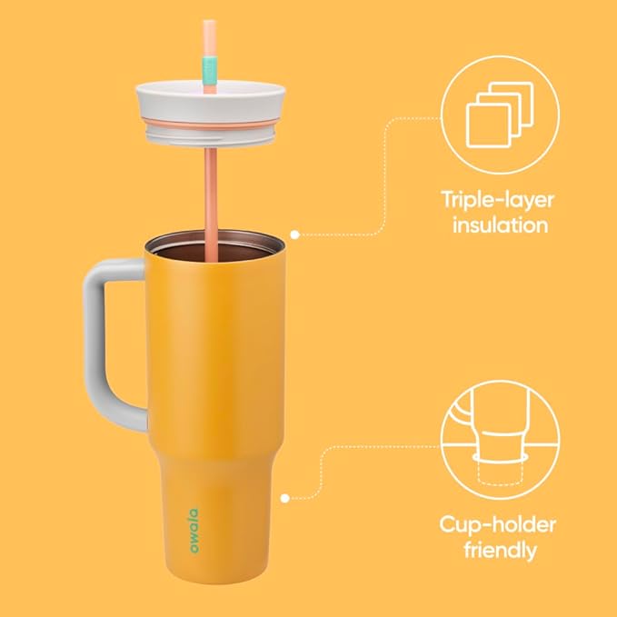 Owala Stainless Steel Triple Layer Insulated Travel Tumbler with Spill Resistant Lid, Straw, and Carry Handle, BPA Free, 40 oz, Orange (Tropical) (Pack of 6)