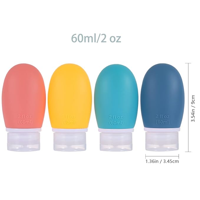 Leak Proof Silicone Travel Bottles,4 Pack 2oz Liquid Squeezable Refillable Portable Travel Accessories/Cosmetic Containers,BPA Free,Travel Size Bottles for Toiletries Shampoo Conditioner Lotion
