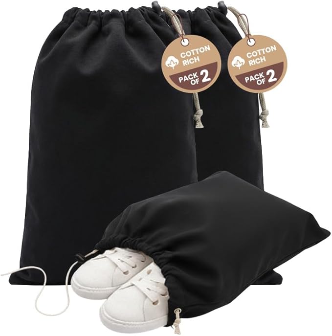 LFH Cotton Rich Shoe Storage Bags with Drawstring, Dustproof Breathable Reusable Organizer, Perfect For Travel, Dorm, Hotel, College, Gym, Machine Washable 12"x17" (Pack of 2) - Black sand